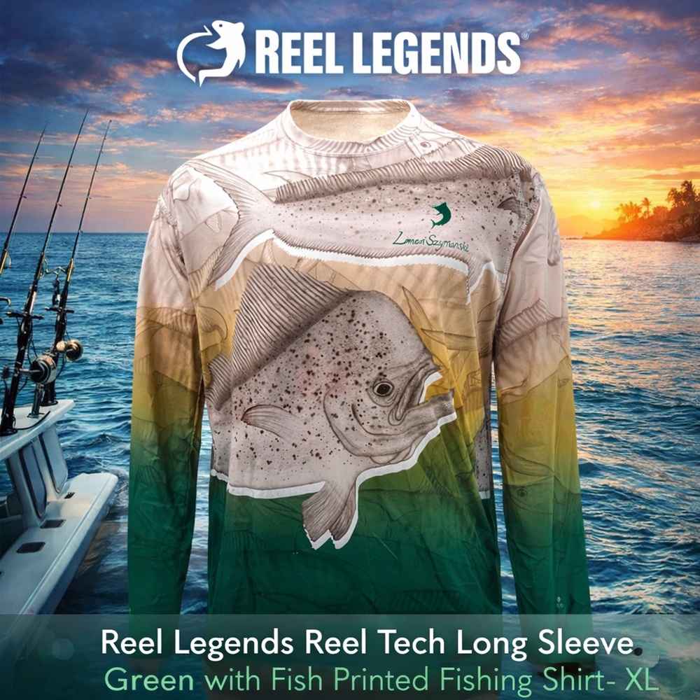 Reel Legends Reel Tech Long Sleeve Green with Fish Printed Fishing Shirt- XL